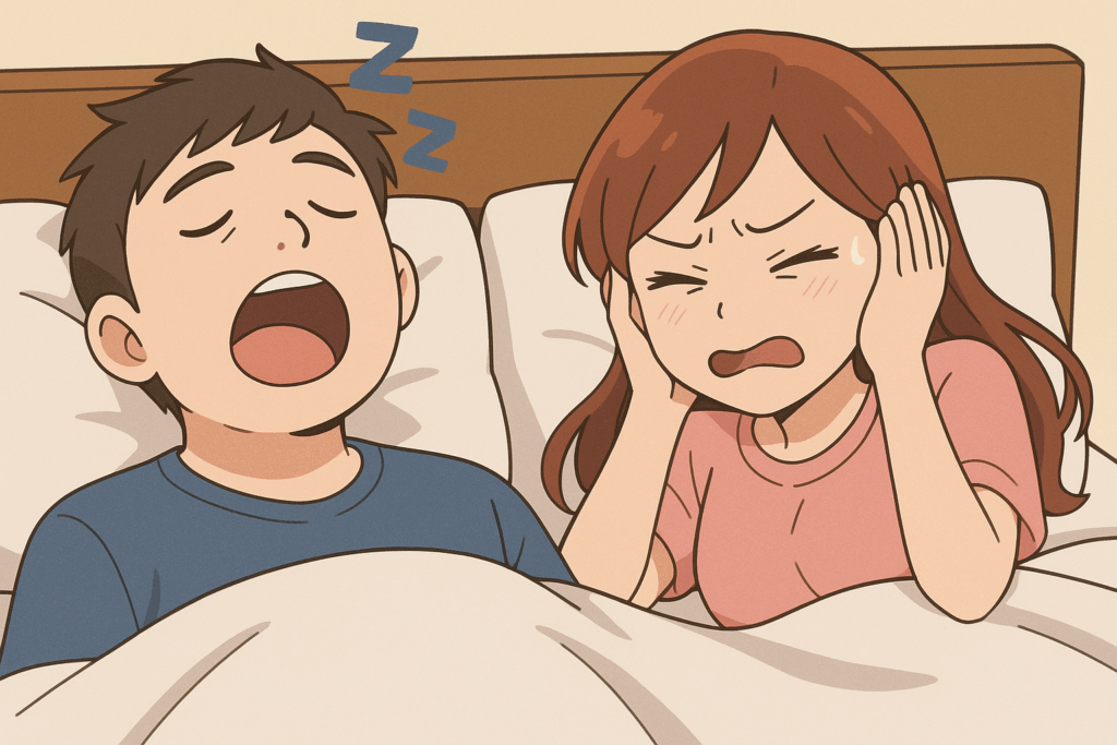코골이로 힘들어하는 여성과 크게 코를 고는 남성의 침실 모습, 코골이 치료의 필요성을 보여주는 일러스트