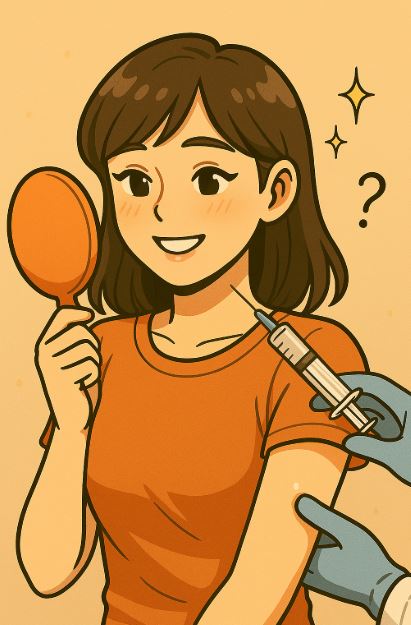 백옥 주사 시술 후 손거울을 보며 만족하는 20대 한국 여성 일러스트 이미지