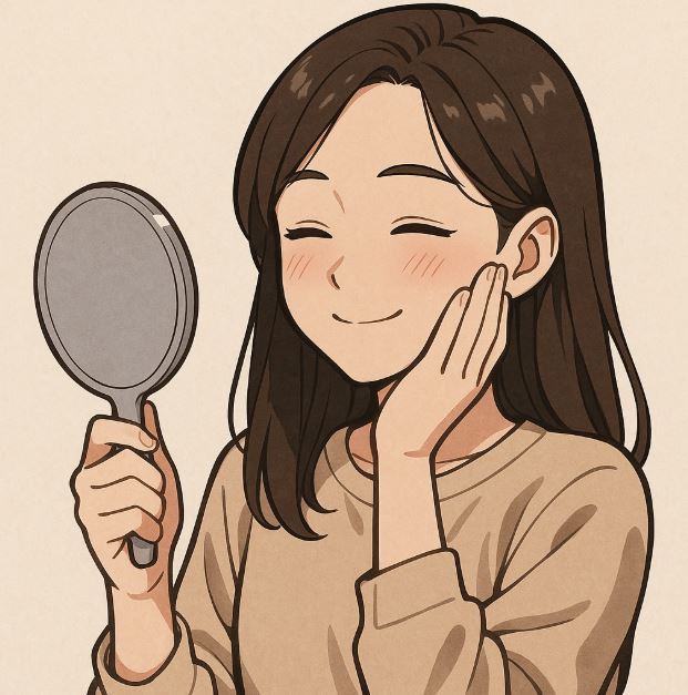 미라젯 시술을 받은 후 손거울을 보며 만족스러운 미소를 짓는 여성