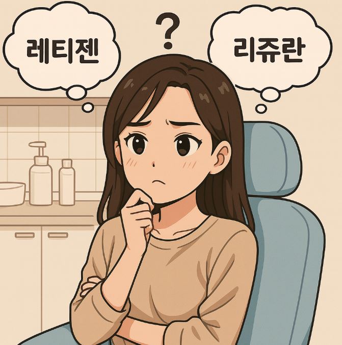 피부과에서 레티젠 리쥬란 중 어떤 시술을 할지 고민하는 20대 여성의 일러스트